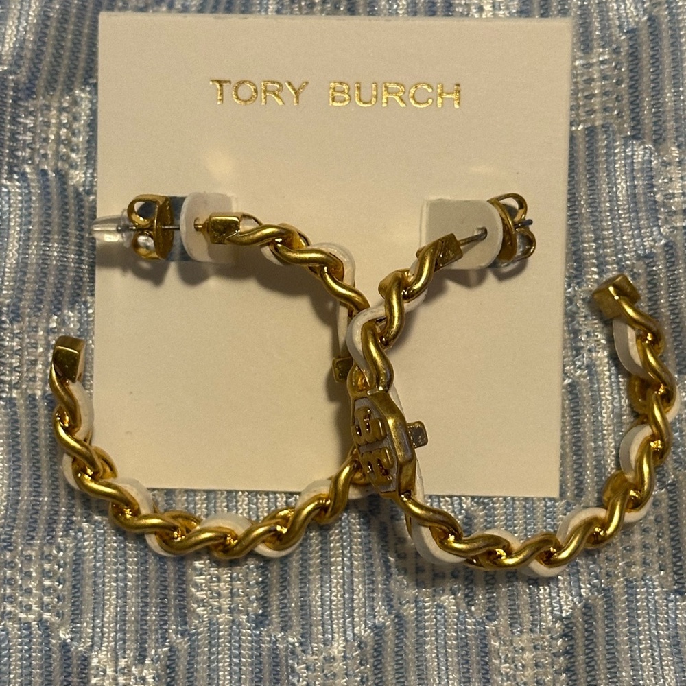 Tory Burch Gold and White Chain Hoop Earrings - Picture 3 of 3